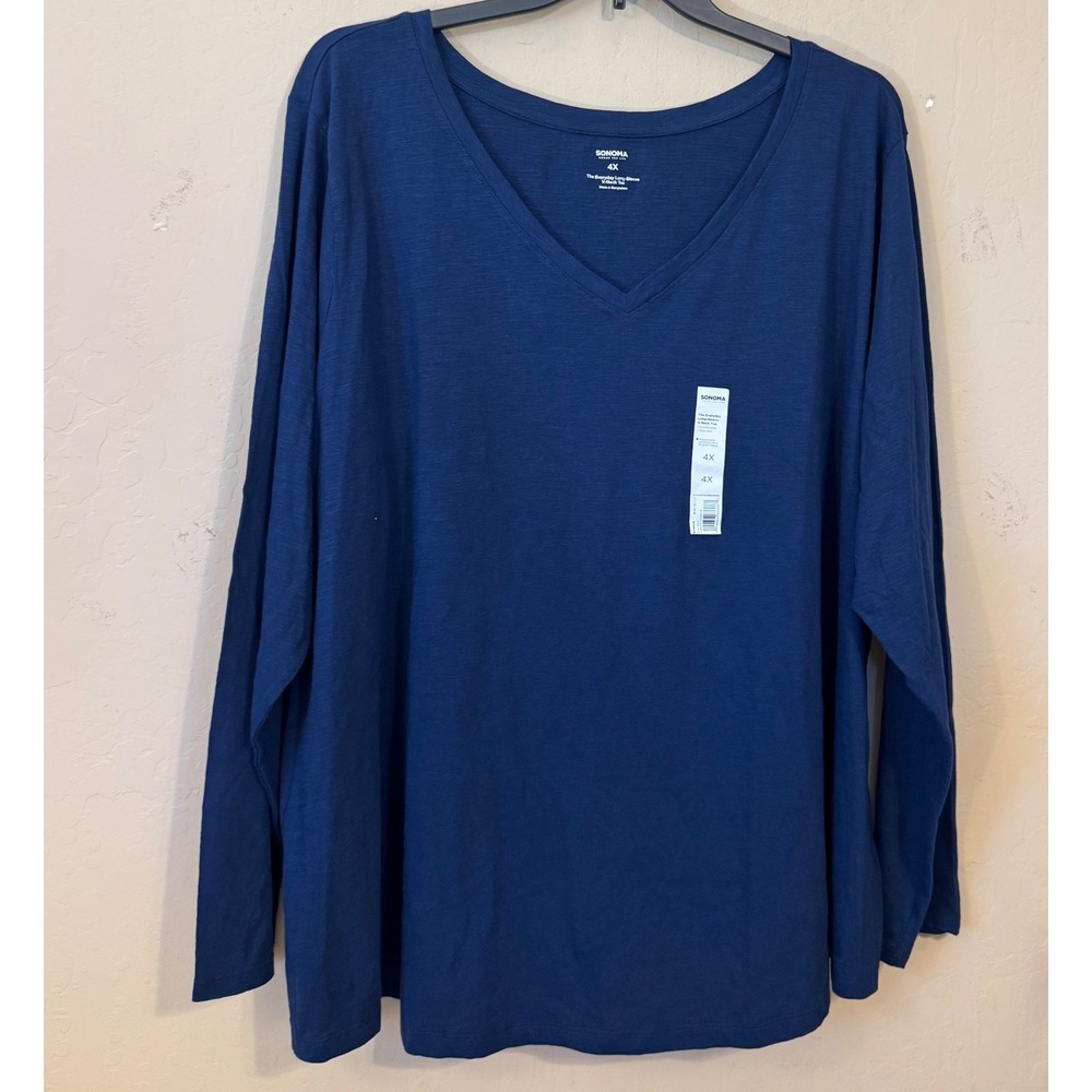 Sonoma Shirt Women 4X Navy Blue V-Neck Long Sleeve Slub Knit Tee Casual NEW